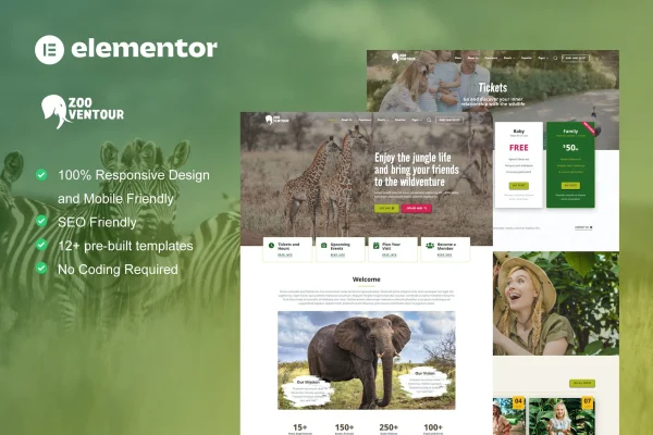 Zooventour safari and zoo Elementor Pro template kit cover image