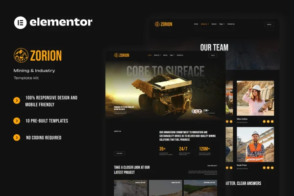 Zorion mining and industry Elementor template kit preview