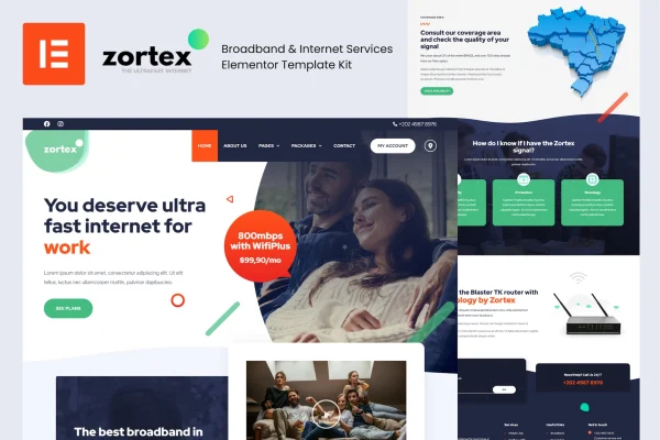 Zortex broadband and internet services Elementor template kit preview