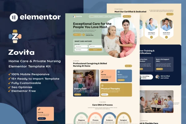 Zovita home care and private nursing Elementor template kit preview
