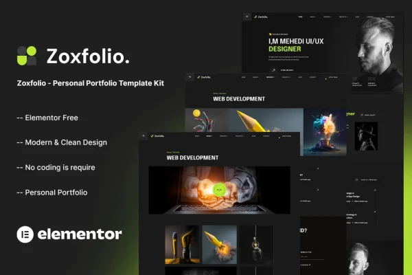 Zoxfolio personal portfolio Elementor template kit cover image