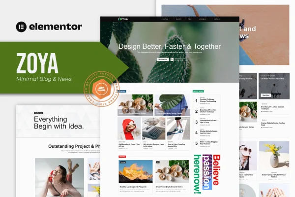 Zoya minimal blog Elementor template kit cover showing clean page layouts