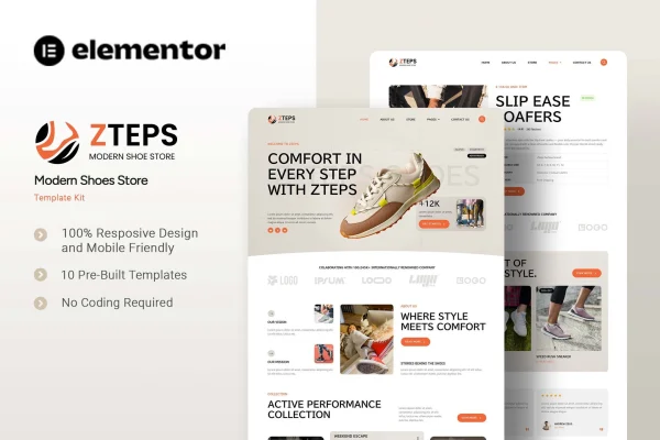 Zteps modern shoe store Elementor template kit preview
