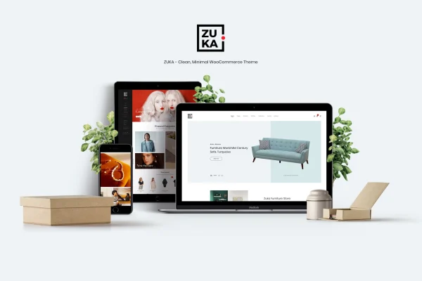 Zuka minimal WooCommerce theme preview showing a clean online store layout