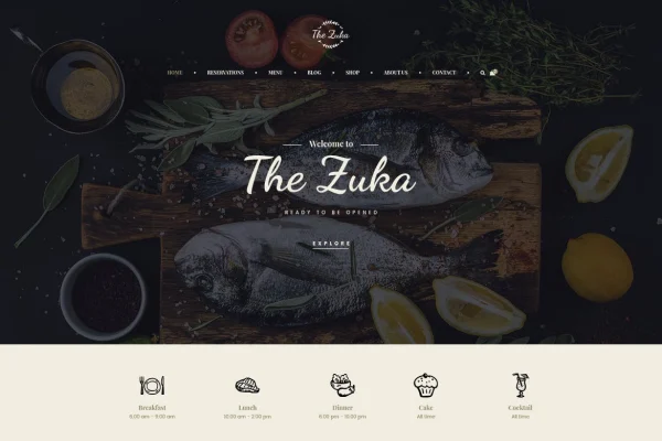 Zukares restaurant and cafe Elementor template kit cover showing food website page designs