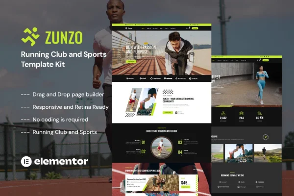 Zunzo running club and sports Elementor template kit preview