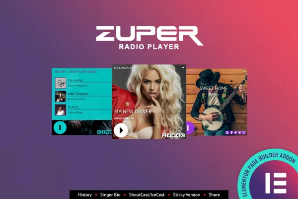 Zuper Shoutcast and Icecast radio player widget for Elementor showing track and artist image