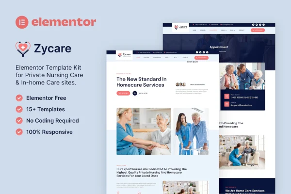 Zycare in-home care and private nursing agency Elementor template kit preview