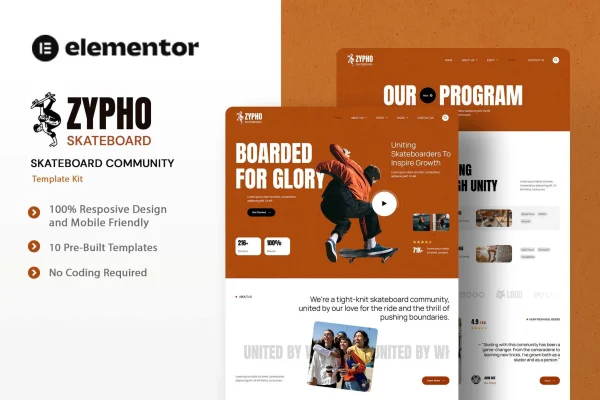 Zypho skateboard community Elementor template kit preview